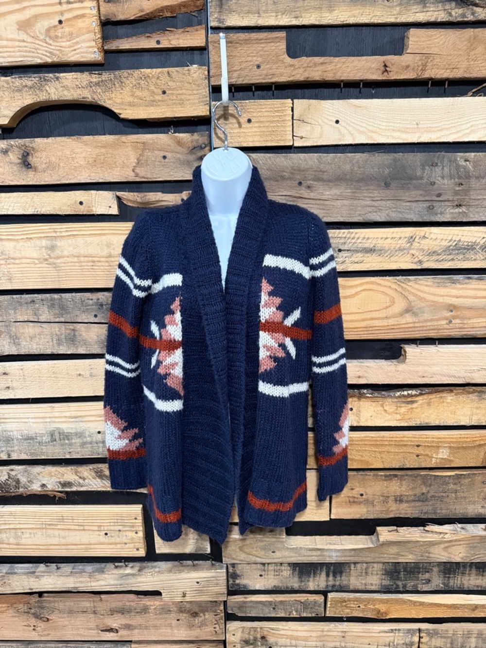 Charming Charlie Navy Southwestern Open Front Knit‎ Boho Cardigan Size Small